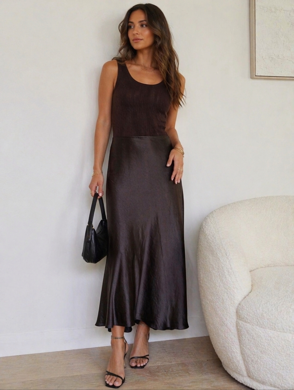 Maison d’Amelie Chocolate Brown Satin Slip Midi Skirt 10 Silky Bias Cut Capsule